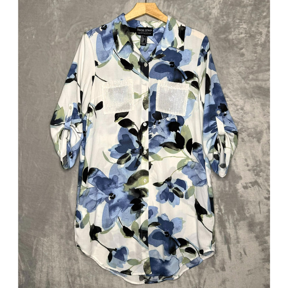 Frank LymanTunic Top Womens 10 White Blue Floral Sequin Pockets Roll Tab Sleeve - Picture 1 of 12